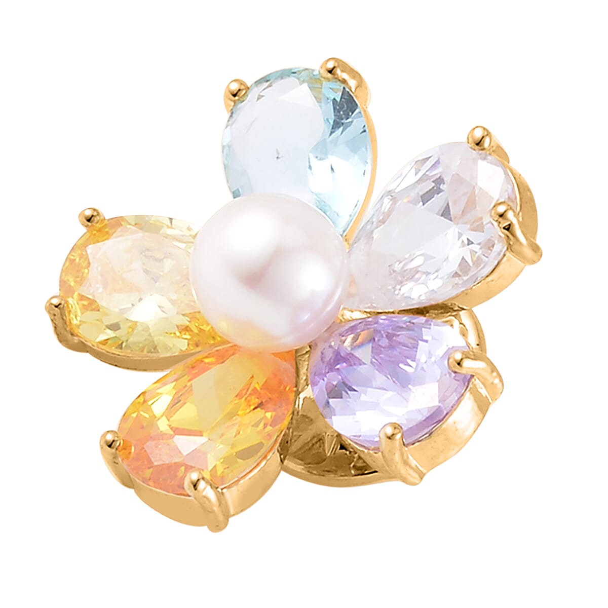 Simulated Multi Color Diamond and White Freshwater Pearl Floral Brooch in Goldtone image number 2