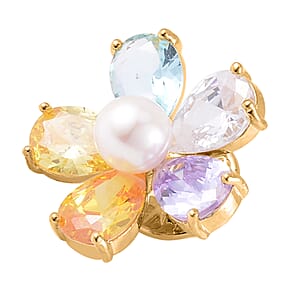 Simulated Multi Color Diamond and White Freshwater Pearl Floral Brooch in Goldtone