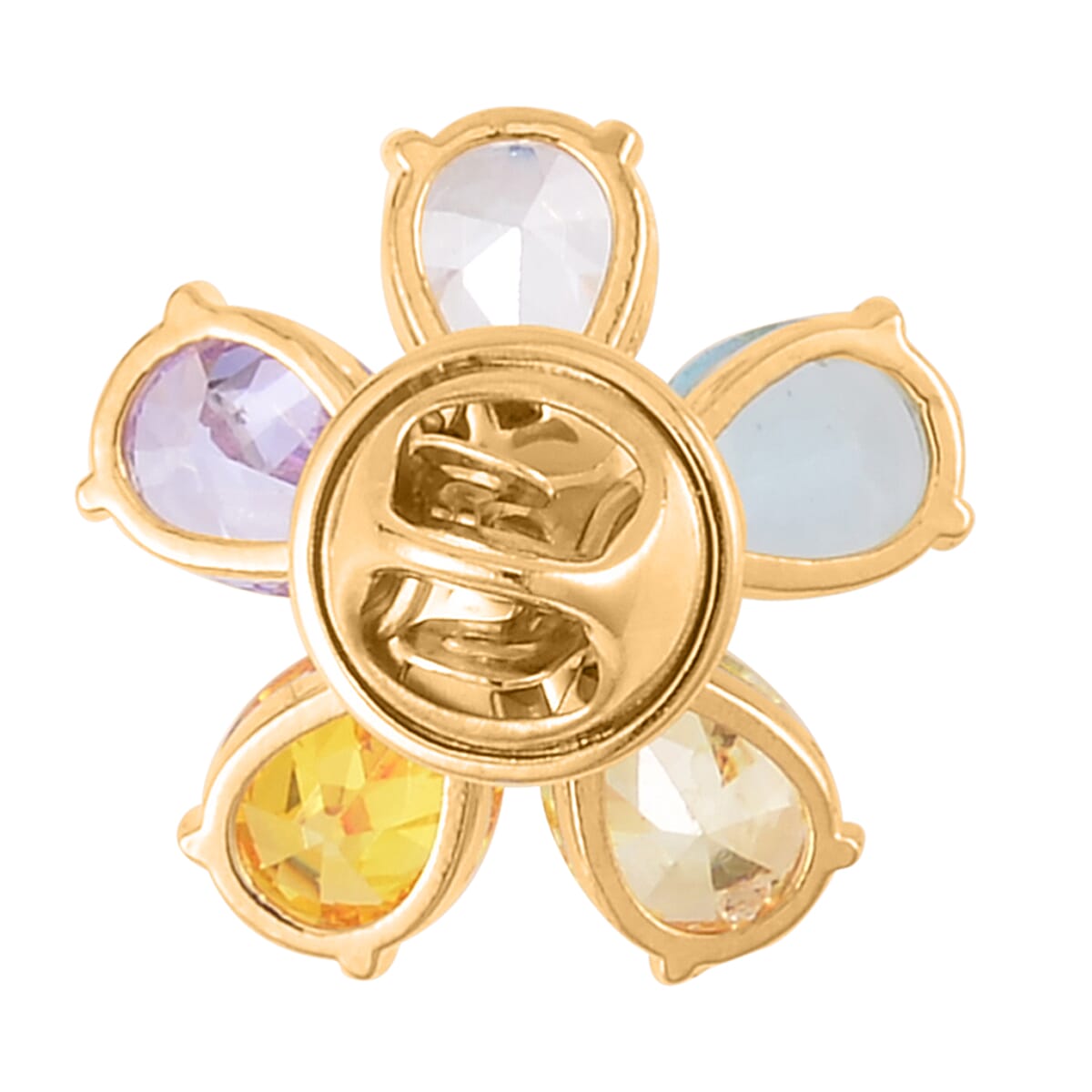 Simulated Multi Color Diamond and White Freshwater Pearl Floral Brooch in Goldtone image number 3