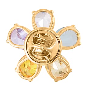 Simulated Multi Color Diamond and White Freshwater Pearl Floral Brooch in Goldtone