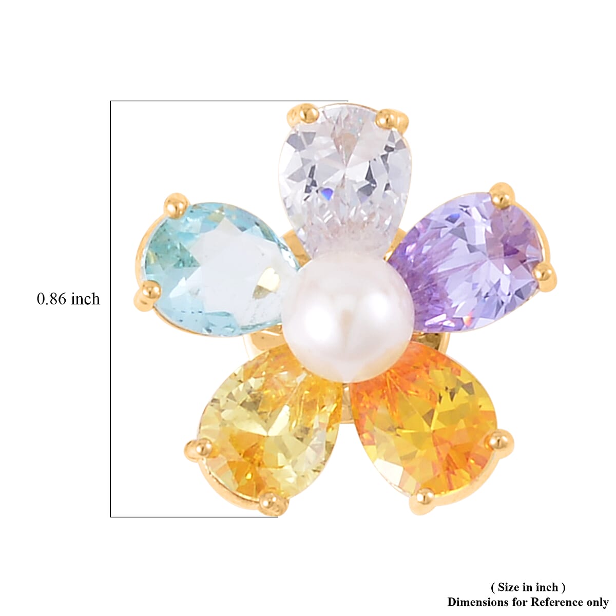 Simulated Multi Color Diamond and White Freshwater Pearl Floral Brooch in Goldtone image number 4