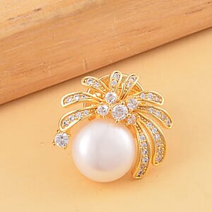 White Freshwater Pearl and Simulated Diamond Brooch in Goldtone