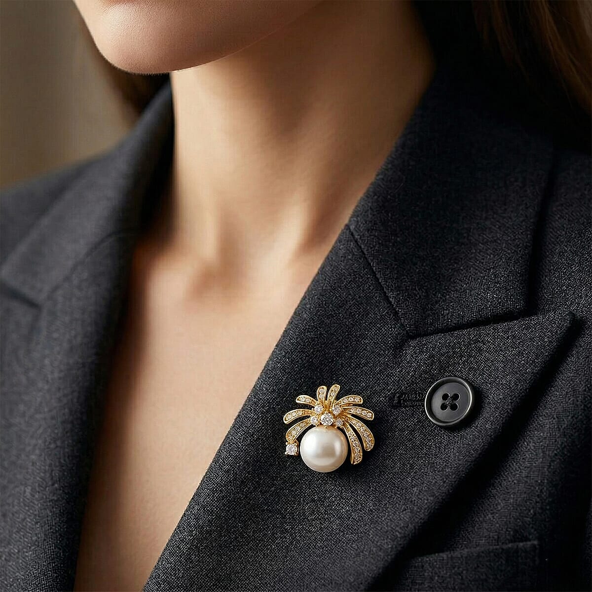 White Freshwater Pearl and Simulated Diamond Brooch in Goldtone image number 2