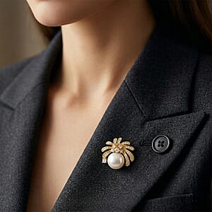 White Freshwater Pearl and Simulated Diamond Brooch in Goldtone