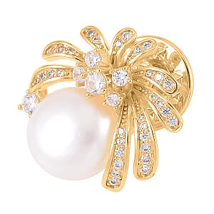 White Freshwater Pearl and Simulated Diamond Brooch in Goldtone