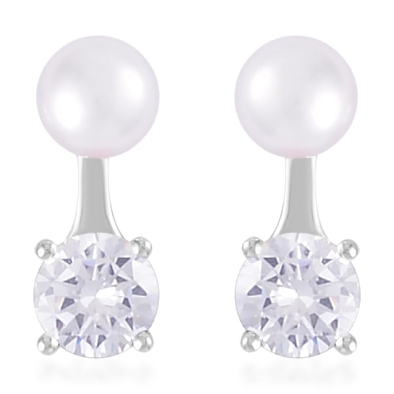 Simulated Diamond and Freshwater Pearl Earrings in Rhodium Over Sterling Silver 1.50 ctw