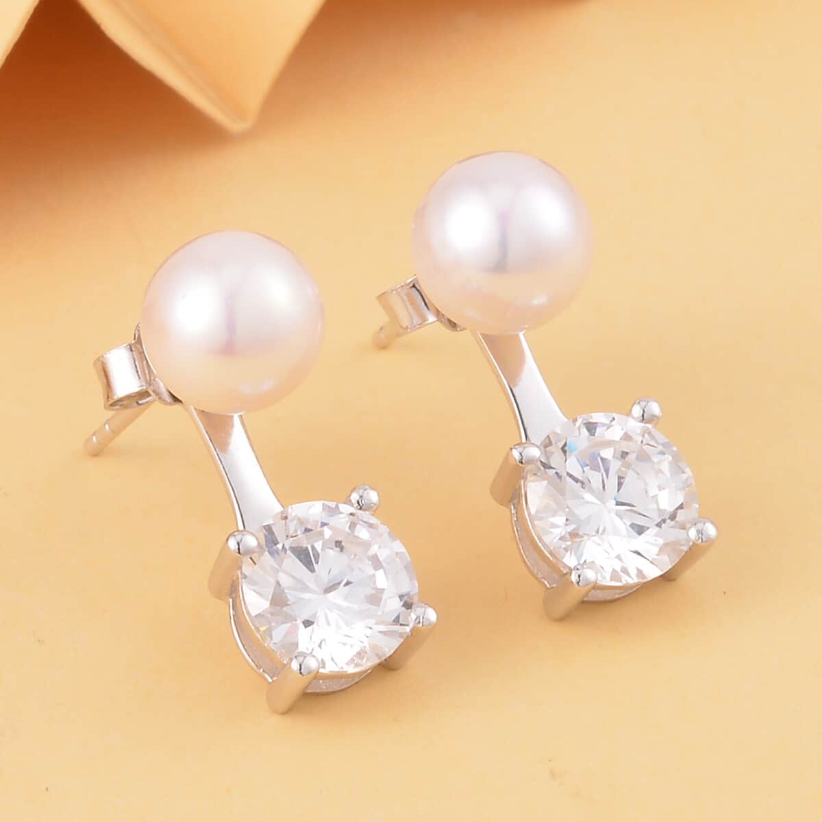 Simulated Diamond and Freshwater Pearl Earrings in Rhodium Over Sterling Silver 1.50 ctw image number 1