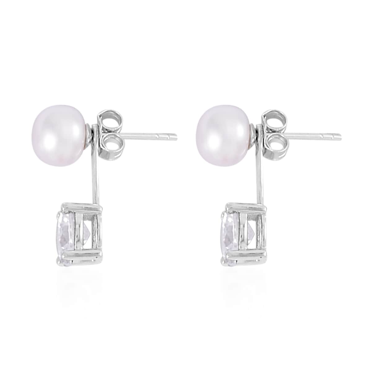 Simulated Diamond and Freshwater Pearl Earrings in Rhodium Over Sterling Silver 1.50 ctw image number 3