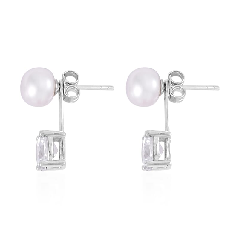 Simulated Diamond and Freshwater Pearl Earrings in Rhodium Over Sterling Silver 1.50 ctw