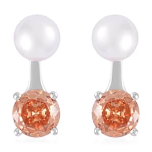 Simulated Champagne Diamond and Freshwater Pearl Earrings in Rhodium Over Sterling Silver 1.50 ctw
