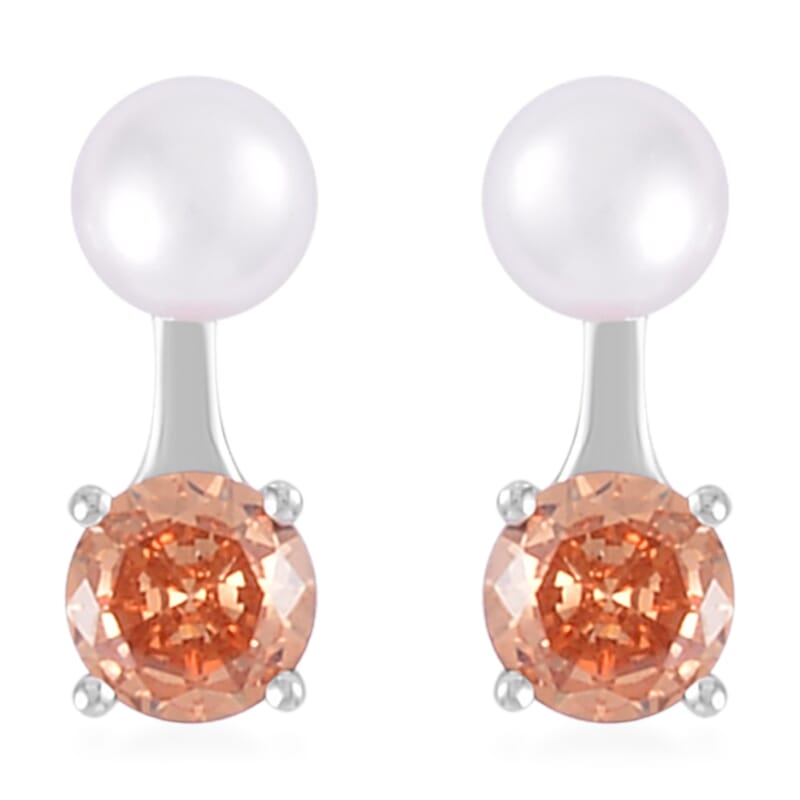 Simulated Champagne Diamond and Freshwater Pearl Earrings in Rhodium Over Sterling Silver 1.50 ctw