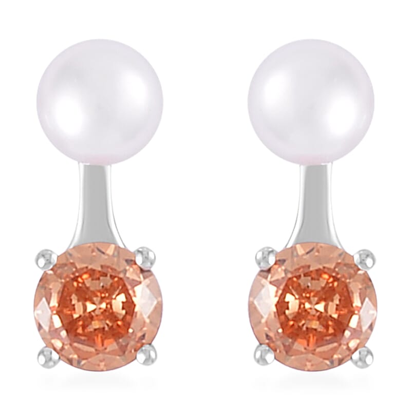 Simulated Champagne Diamond and Freshwater Pearl Earrings in Rhodium Over Sterling Silver 1.50 ctw