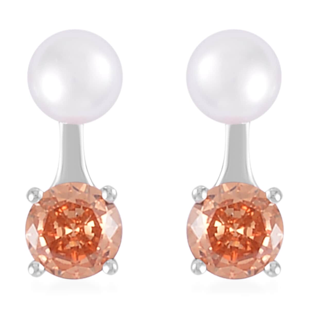 Simulated Champagne Diamond and Freshwater Pearl Earrings in Rhodium Over Sterling Silver 1.50 ctw image number 0
