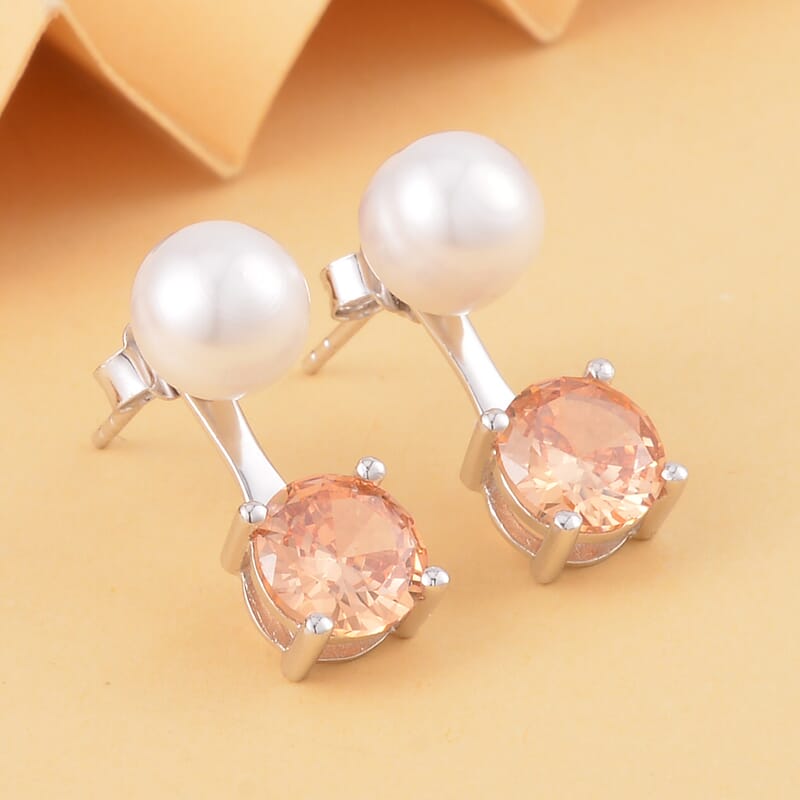 Simulated Champagne Diamond and Freshwater Pearl Earrings in Rhodium Over Sterling Silver 1.50 ctw