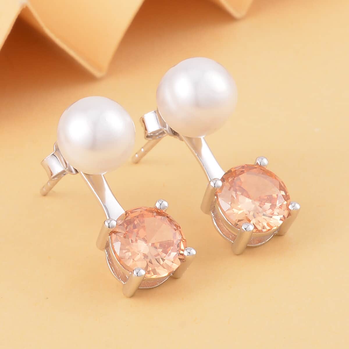 Simulated Champagne Diamond and Freshwater Pearl Earrings in Rhodium Over Sterling Silver 1.50 ctw image number 1