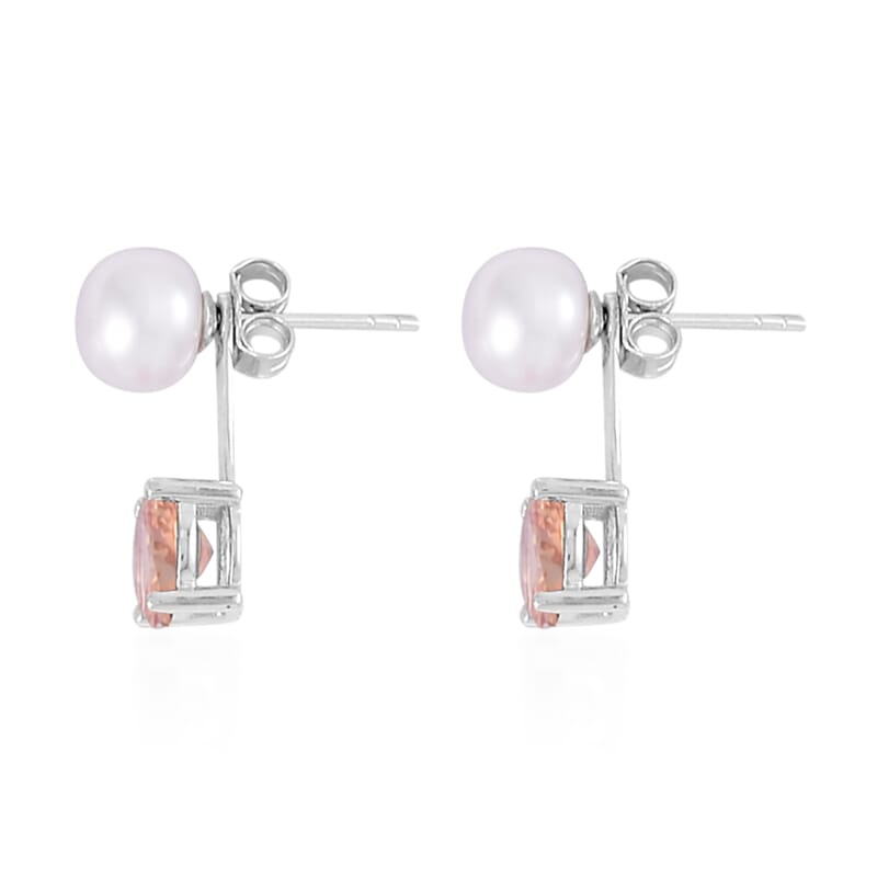 Simulated Champagne Diamond and Freshwater Pearl Earrings in Rhodium Over Sterling Silver 1.50 ctw