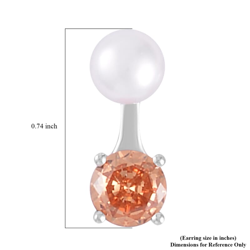 Simulated Champagne Diamond and Freshwater Pearl Earrings in Rhodium Over Sterling Silver 1.50 ctw