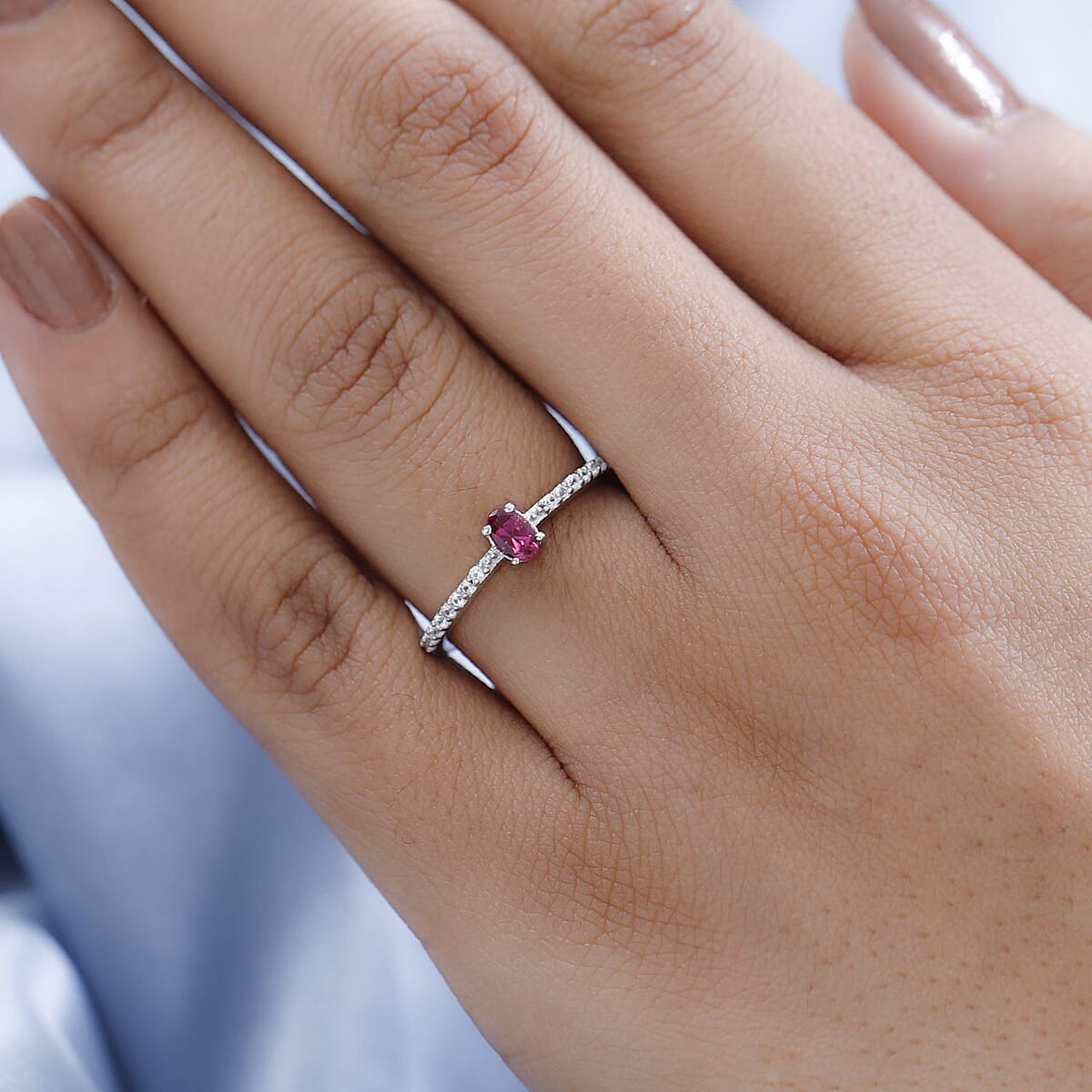Premium Ouro Fino Rubellite and White Zircon Ring in Platinum Over Sterling Silver (Size 8.0) 0.35 ctw image number 2