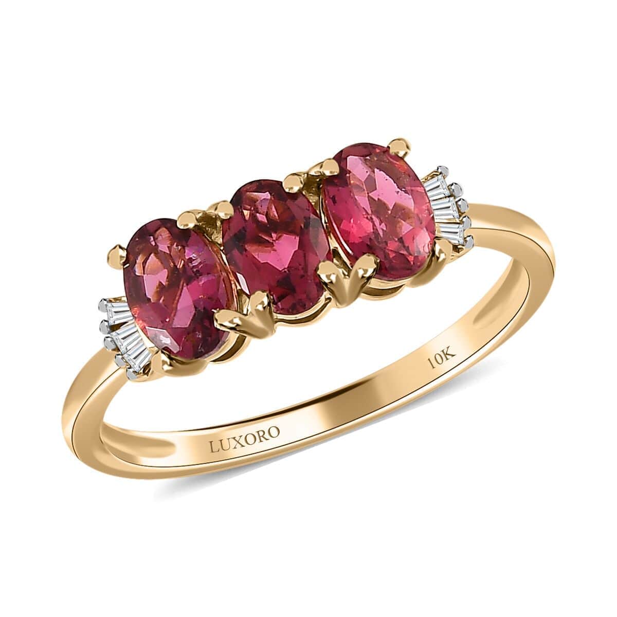 Luxoro 10K Yellow Gold Premium Ouro Fino Rubellite and G-H I3 Diamond 3 Stone Ring 1.50 ctw image number 0