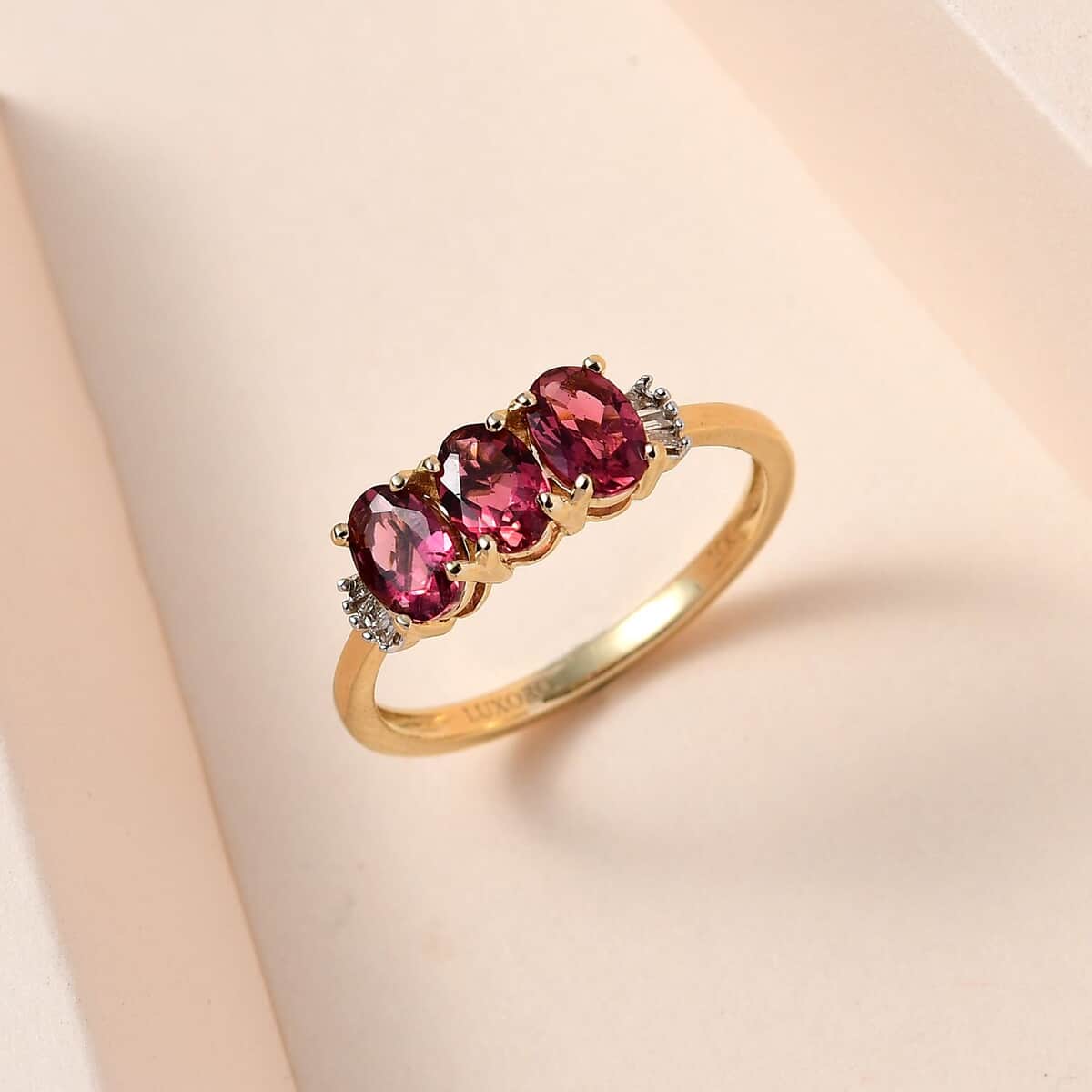 Luxoro 10K Yellow Gold Premium Ouro Fino Rubellite and G-H I3 Diamond 3 Stone Ring 1.50 ctw image number 1