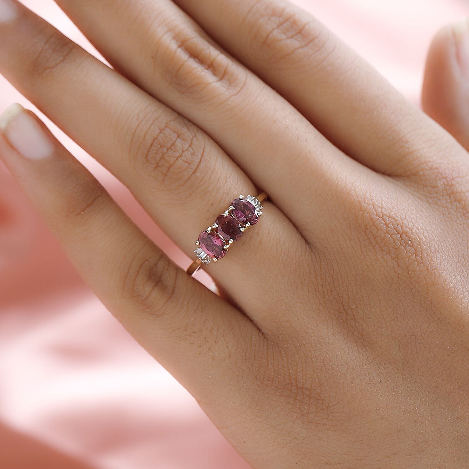 Luxoro 10K Yellow Gold Premium Ouro Fino Rubellite and G-H I3 Diamond 3 Stone Ring (Size 10.0) 1.50 ctw