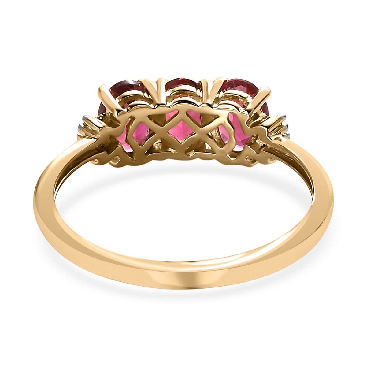 Luxoro 10K Yellow Gold Premium Ouro Fino Rubellite and G-H I3 Diamond 3 Stone Ring 1.50 ctw image number 4