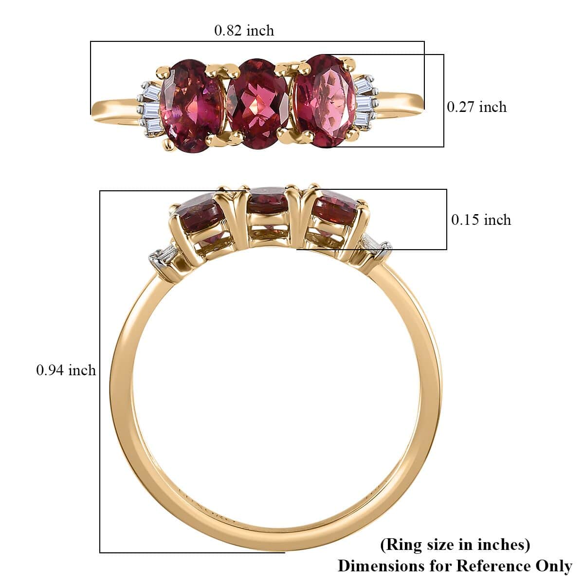 Luxoro 10K Yellow Gold Premium Ouro Fino Rubellite and G-H I3 Diamond 3 Stone Ring 1.50 ctw image number 5