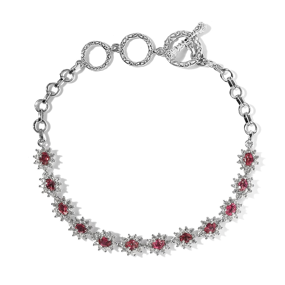 Premium Ouro Fino Rubellite and White Zircon Toggle Clasp Bracelet in Platinum Over Sterling Silver (7.25 In) 3.90 ctw image number 0