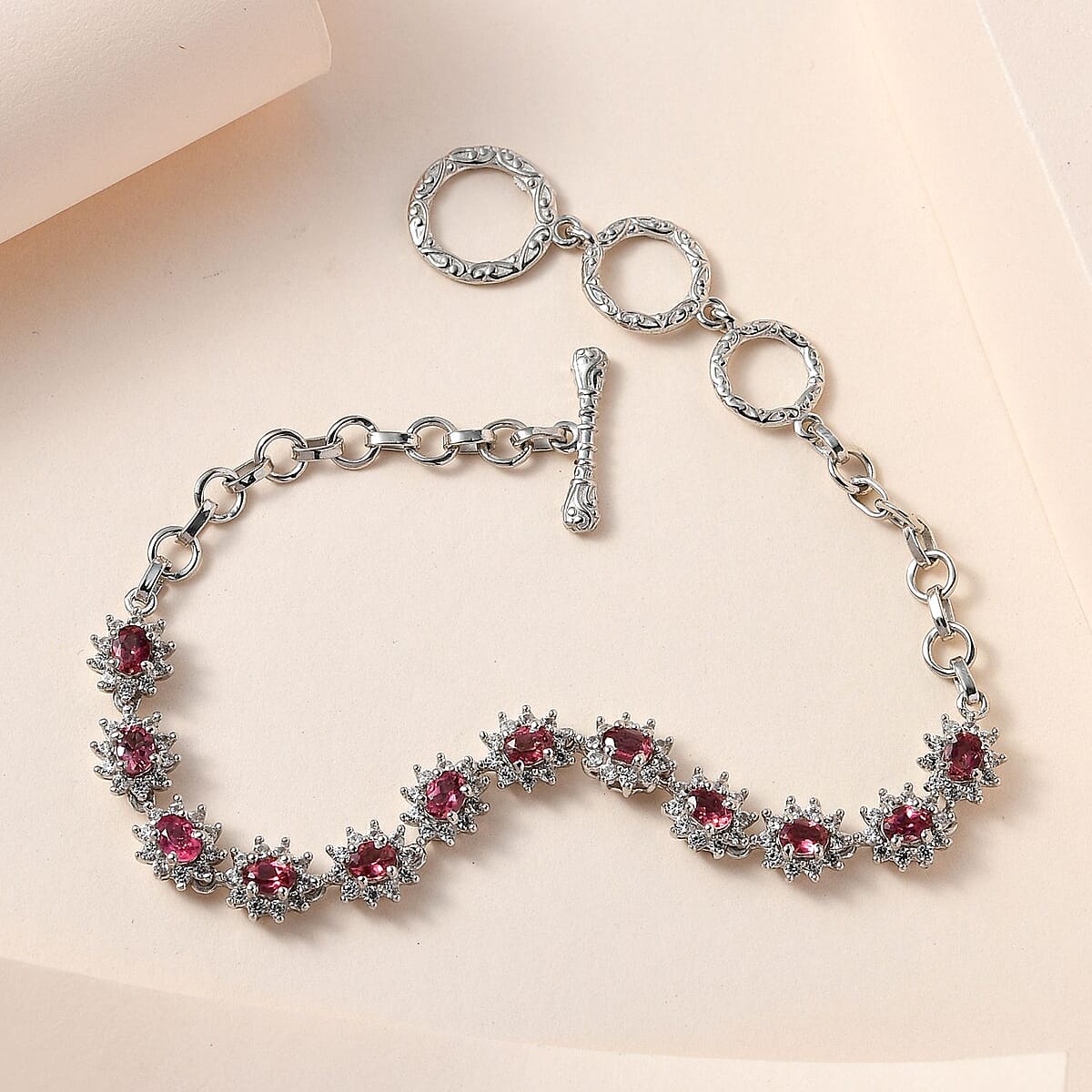 Premium Ouro Fino Rubellite and White Zircon Toggle Clasp Bracelet in Platinum Over Sterling Silver (7.25 In) 3.90 ctw image number 1