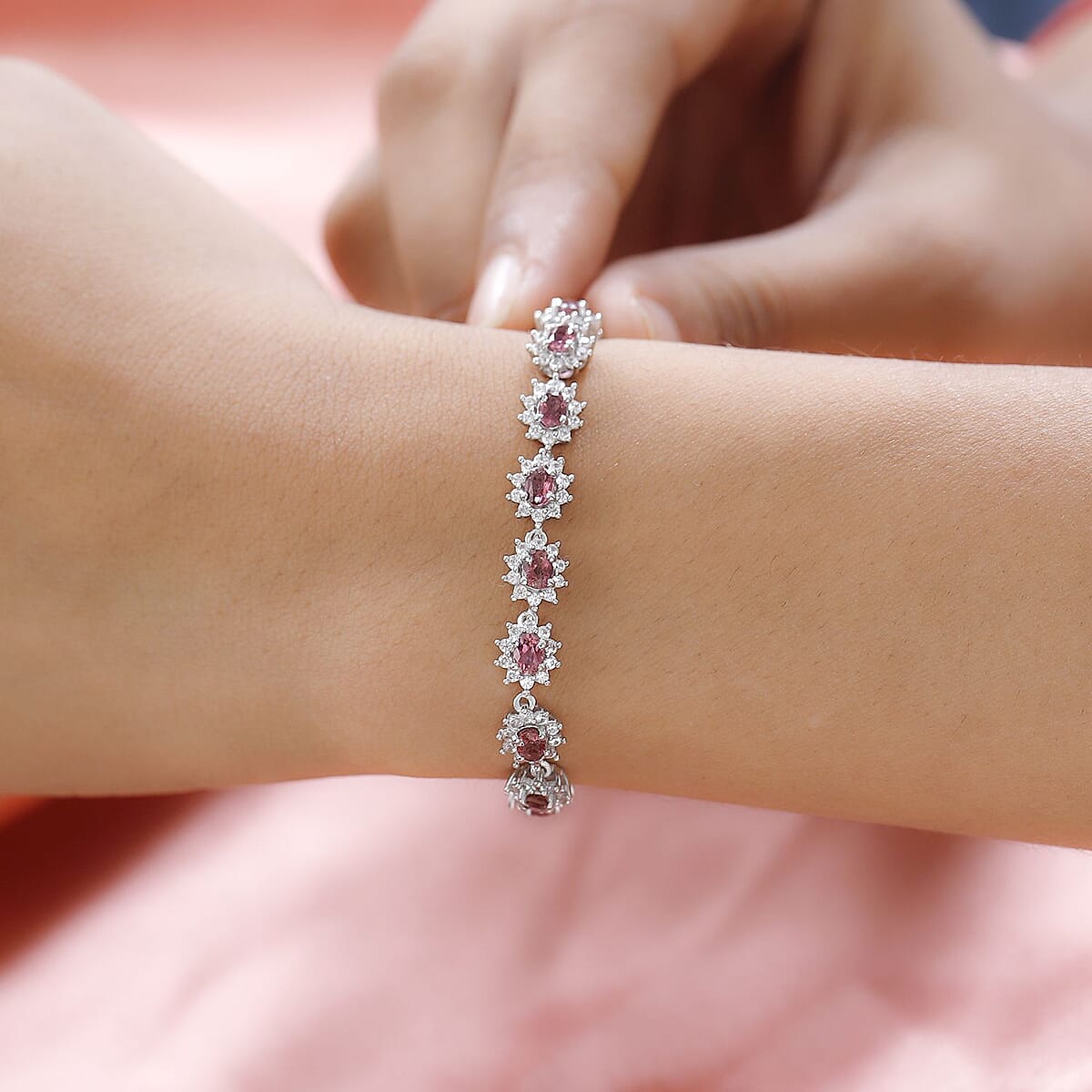 Premium Ouro Fino Rubellite and White Zircon Toggle Clasp Bracelet in Platinum Over Sterling Silver (7.25 In) 3.90 ctw image number 2
