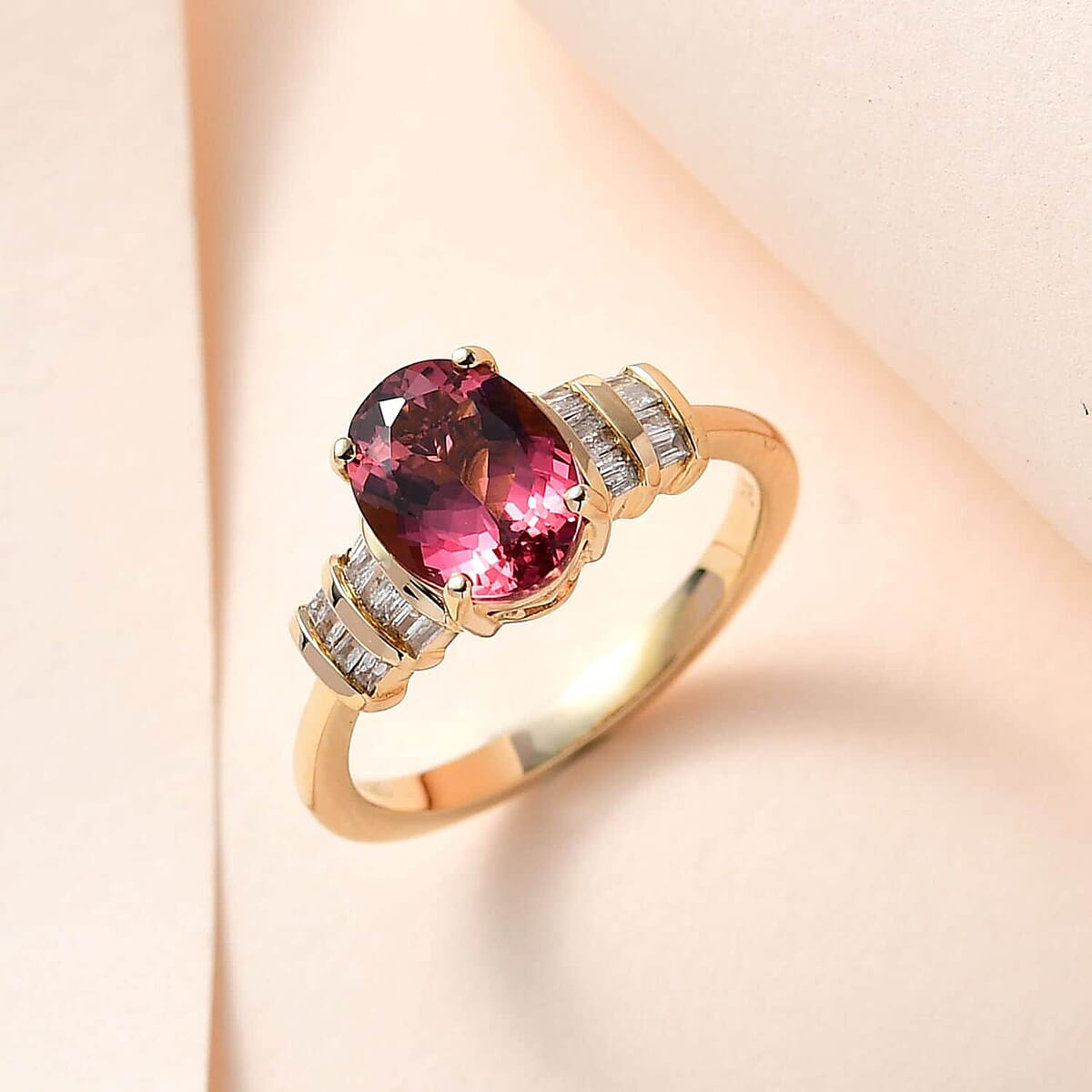 Luxoro 14K Yellow Gold AAA Ouro Fino Rubellite and G-H I3 Diamond Ring 2.30 ctw image number 1