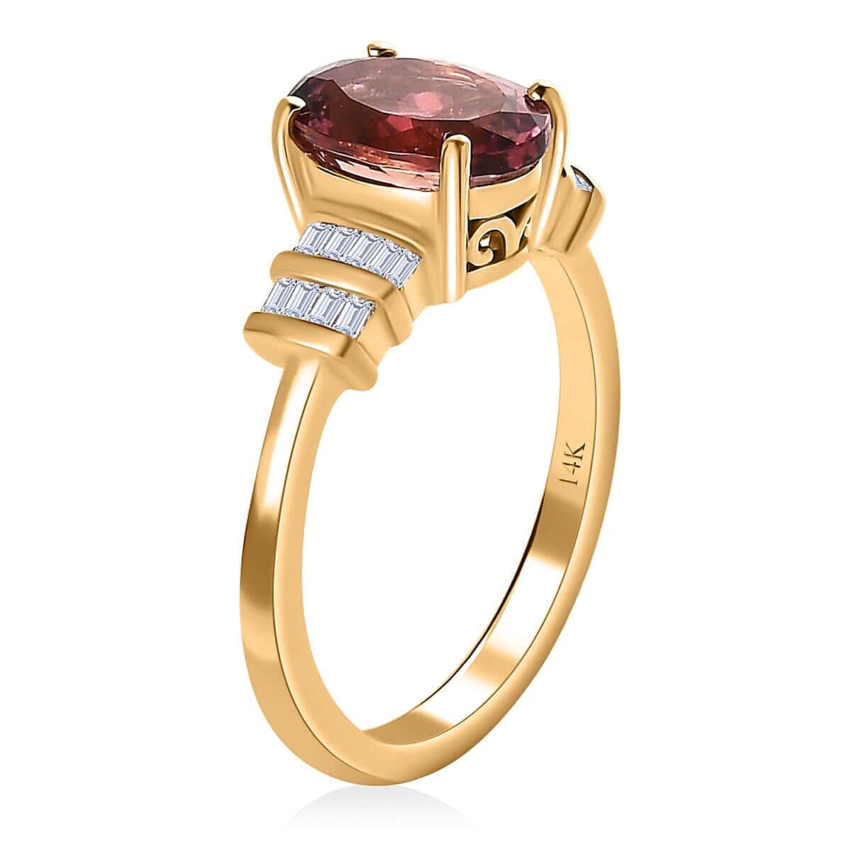 Luxoro 14K Yellow Gold AAA Ouro Fino Rubellite and G-H I3 Diamond Ring 2.30 ctw image number 3