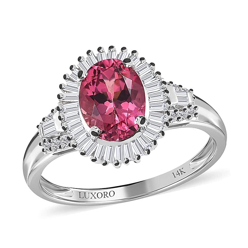 Luxoro 14K White Gold AAA Ouro Fino Rubellite and G-H I3 Diamond Halo Ring (Size 10.0) 1.75 ctw