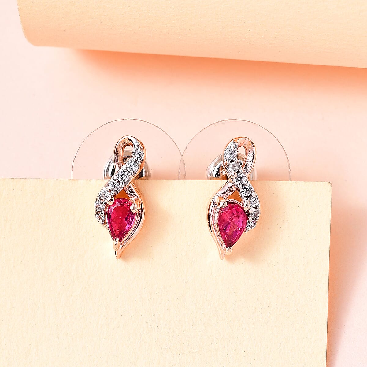 Premium Ouro Fino Rubellite and White Zircon Earrings in Vermeil Rose Gold Over Sterling Silver 0.65 ctw image number 1