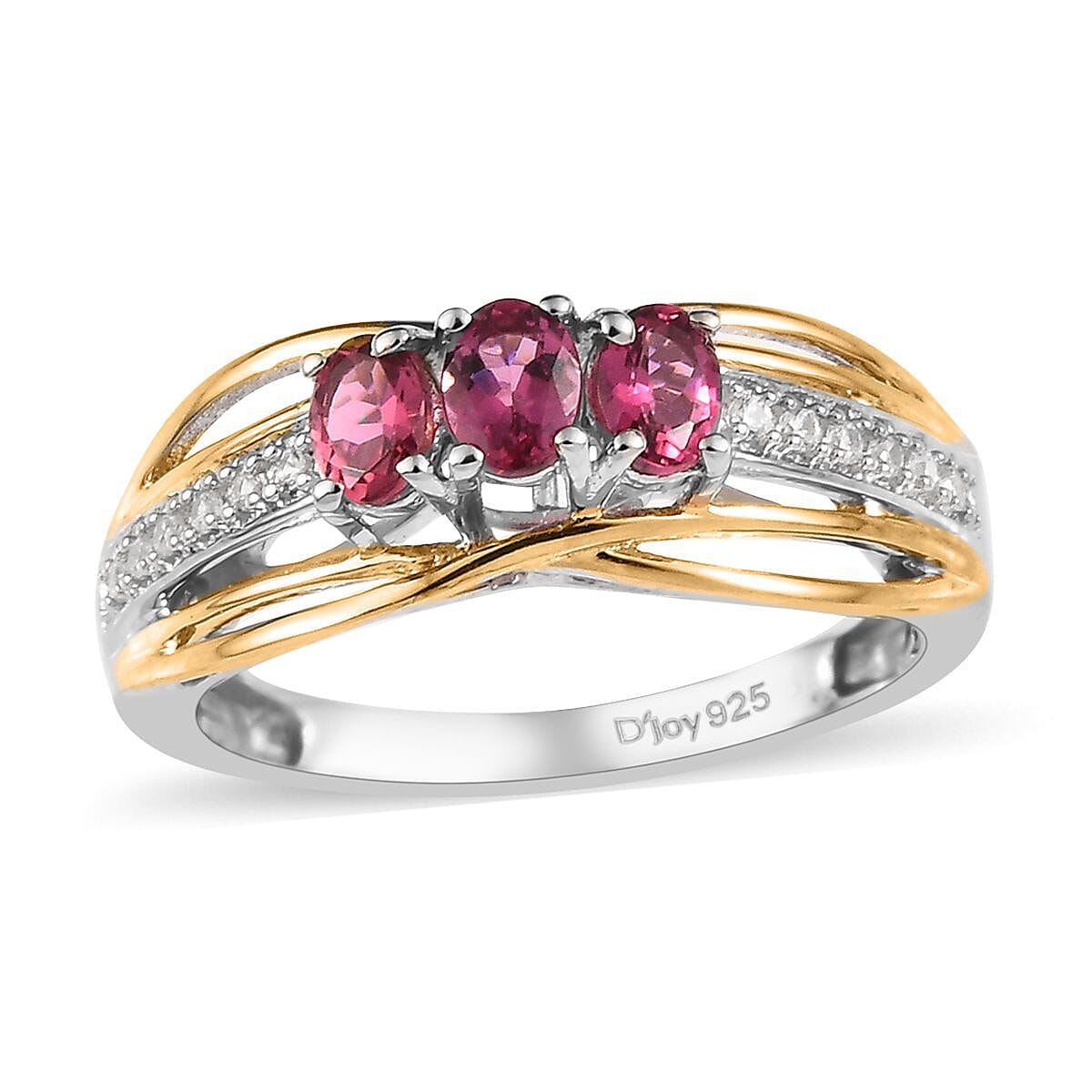 Premium Ouro Fino Rubellite and White Zircon Ring in Vermeil YG and Platinum Over Sterling Silver (Size 10.0) 0.65 ctw