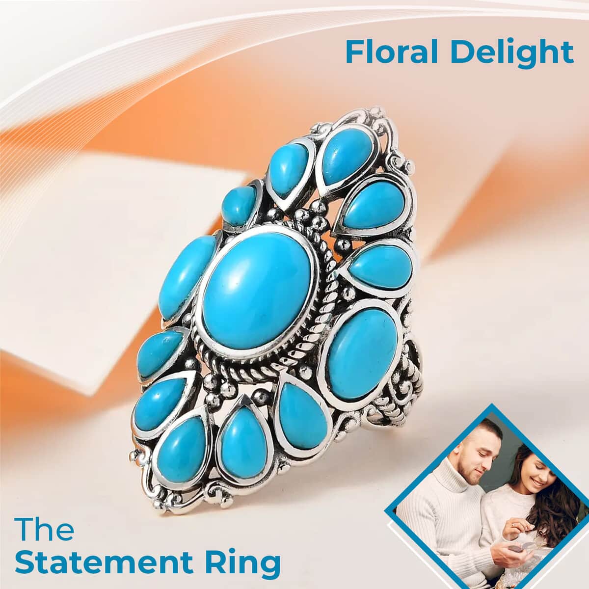 Artisan Crafted Sleeping Beauty Turquoise Ring, Turquoise Floral Ring, Sterling Silver Ring, Floral Cluster Ring 5.35 ctw image number 1