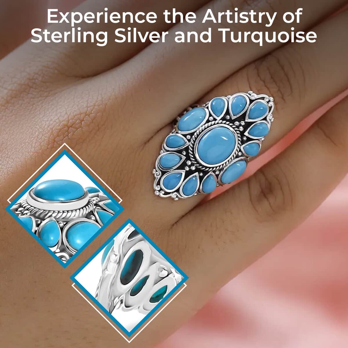 Artisan Crafted Sleeping Beauty Turquoise Ring, Turquoise Floral Ring, Sterling Silver Ring, Floral Cluster Ring 5.35 ctw image number 2