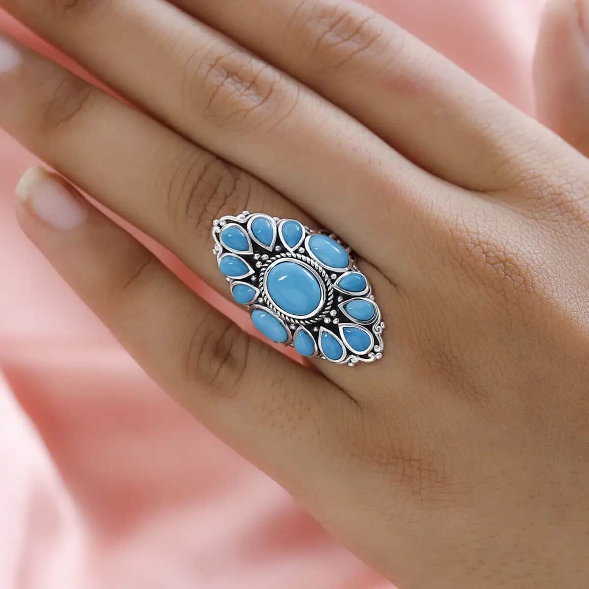 Artisan Crafted Sleeping Beauty Turquoise Ring, Turquoise Floral Ring, Sterling Silver Ring, Floral Cluster Ring 5.35 ctw image number 5