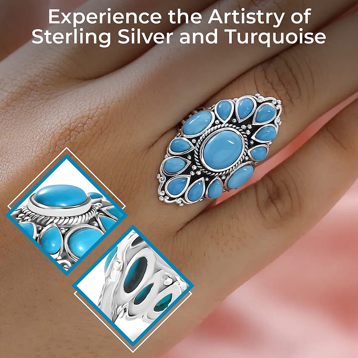 Artisan Crafted Sleeping Beauty Turquoise Ring, Turquoise Floral Ring, Sterling Silver Ring, Floral Cluster Ring 5.35 ctw image number 2