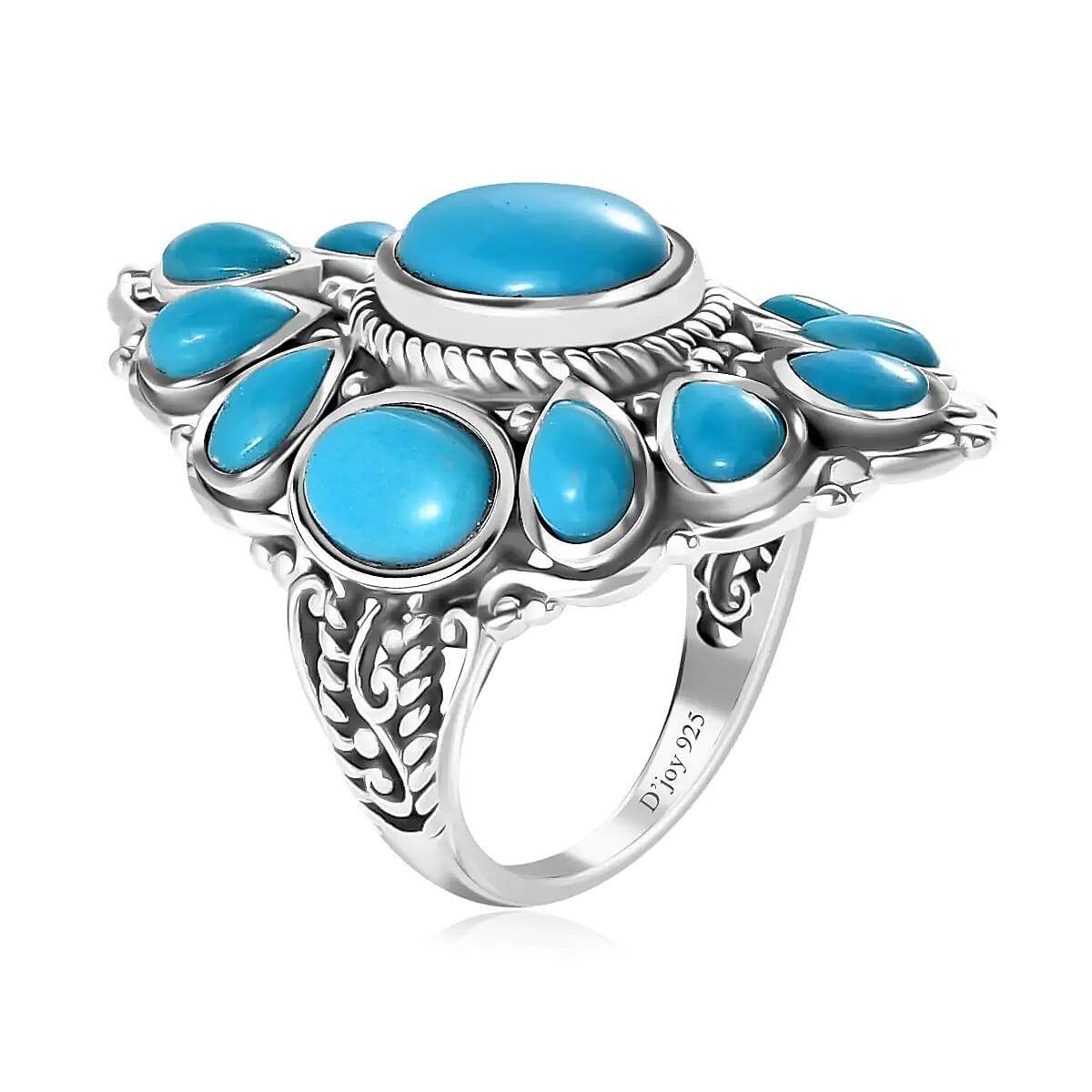 Artisan Crafted Sleeping Beauty Turquoise Ring, Turquoise Floral Ring, Sterling Silver Ring, Floral Cluster Ring 5.35 ctw image number 3