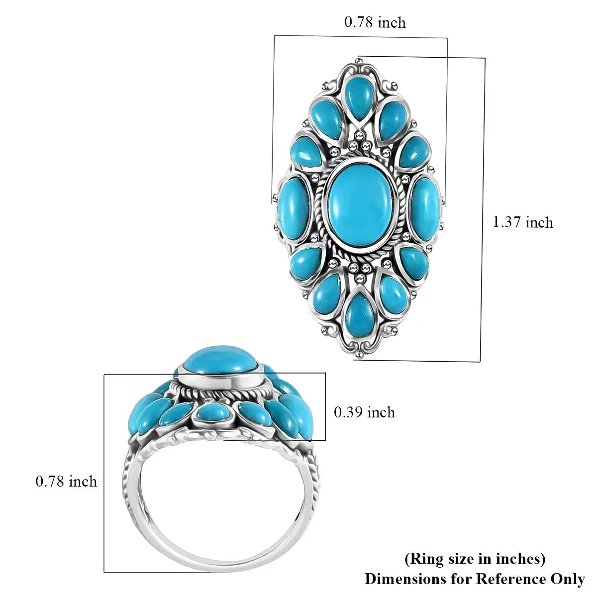 Artisan Crafted Sleeping Beauty Turquoise Ring, Turquoise Floral Ring, Sterling Silver Ring, Floral Cluster Ring 5.35 ctw image number 6