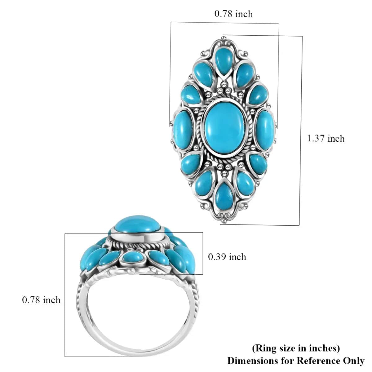 Artisan Crafted Sleeping Beauty Turquoise Ring, Turquoise Floral Ring, Sterling Silver Ring, Floral Cluster Ring 5.35 ctw (Size 9.0) image number 6