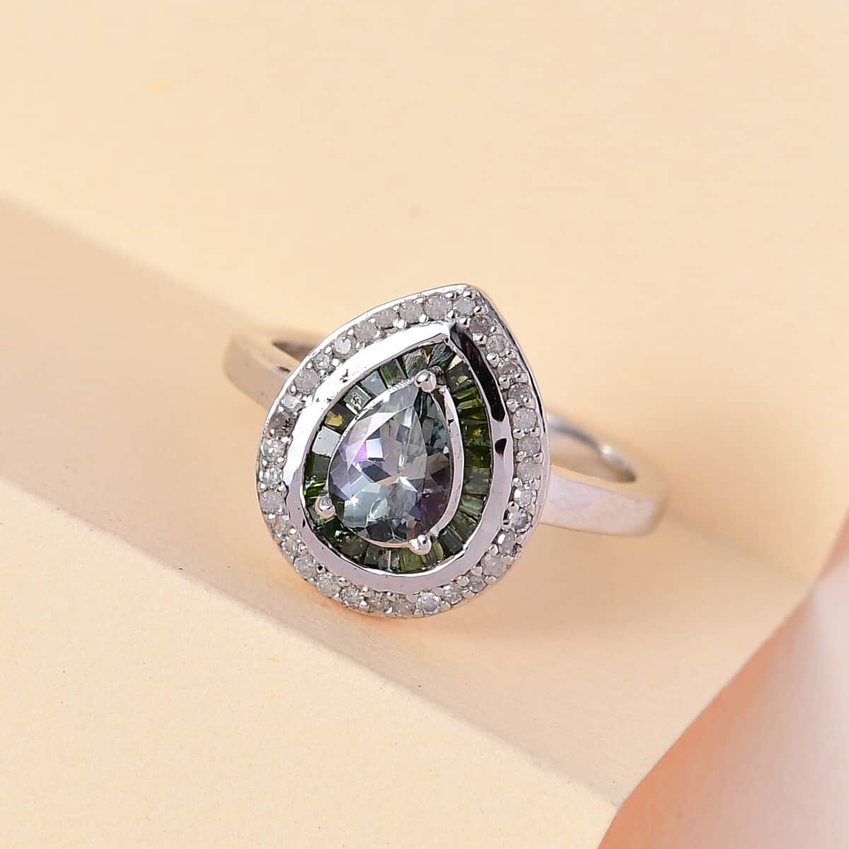 Green Tanzanite, Green and White Diamond Double Halo Ring in Platinum Over Sterling Silver (Size 10.0) 1.25 ctw image number 1