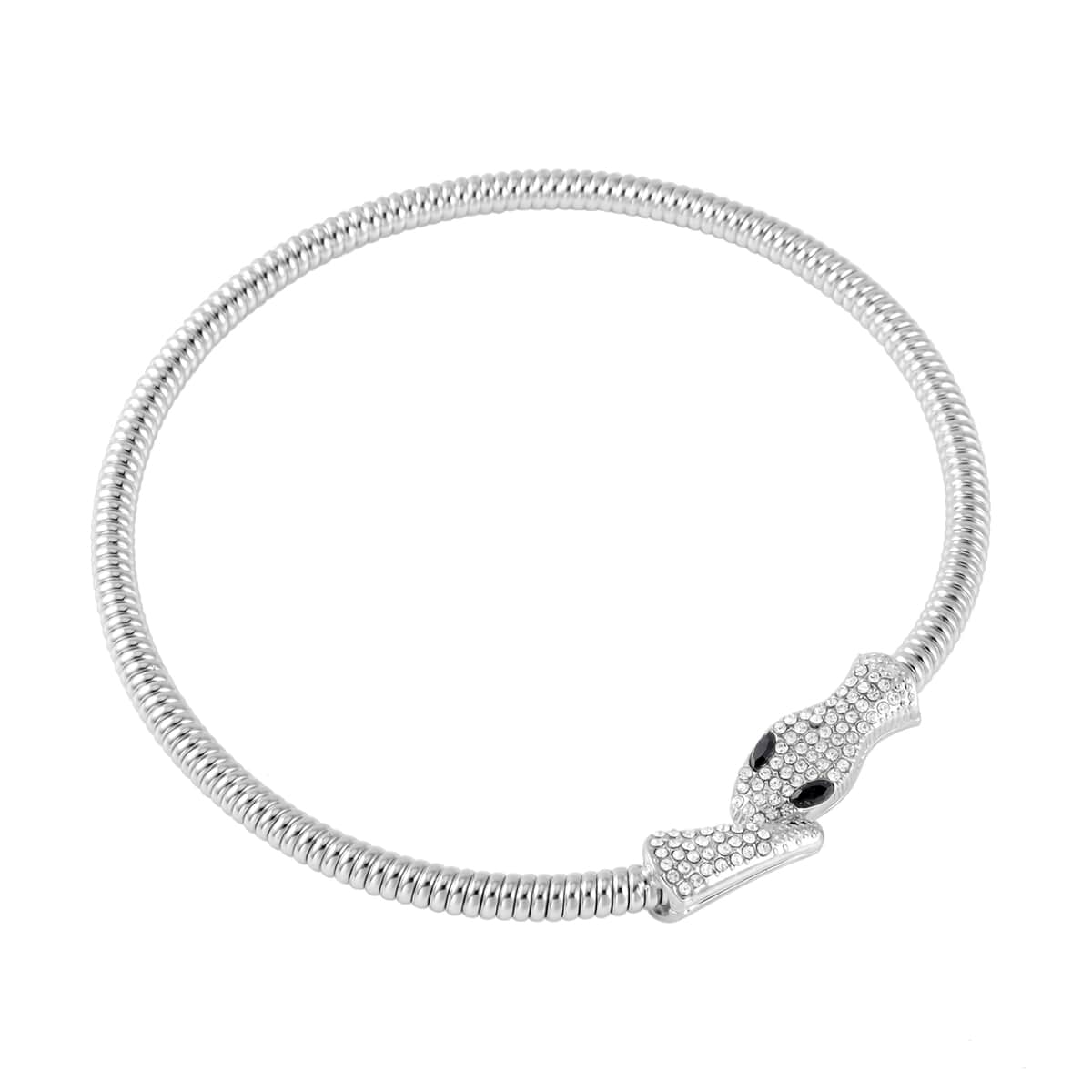 Black Glass and White Austrian Crystal Snake Link Chain Necklace 16 Inches in Silvertone image number 2