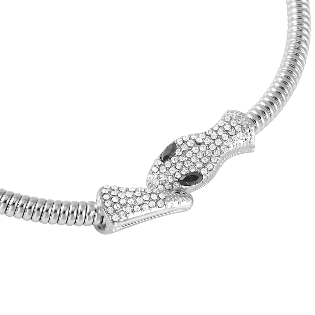 Black Glass and White Austrian Crystal Snake Link Chain Necklace 16 Inches in Silvertone image number 3