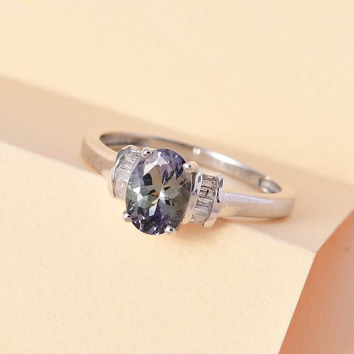 Green Tanzanite and Diamond Ring in Platinum Over Sterling Silver 1.15 ctw image number 1