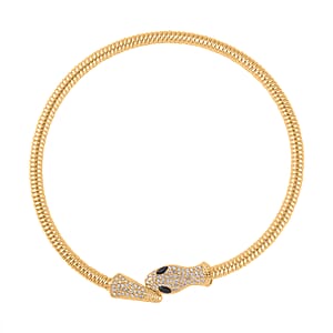 Black Glass and White Austrian Crystal Snake Link Chain Necklace 16 Inches in Goldtone