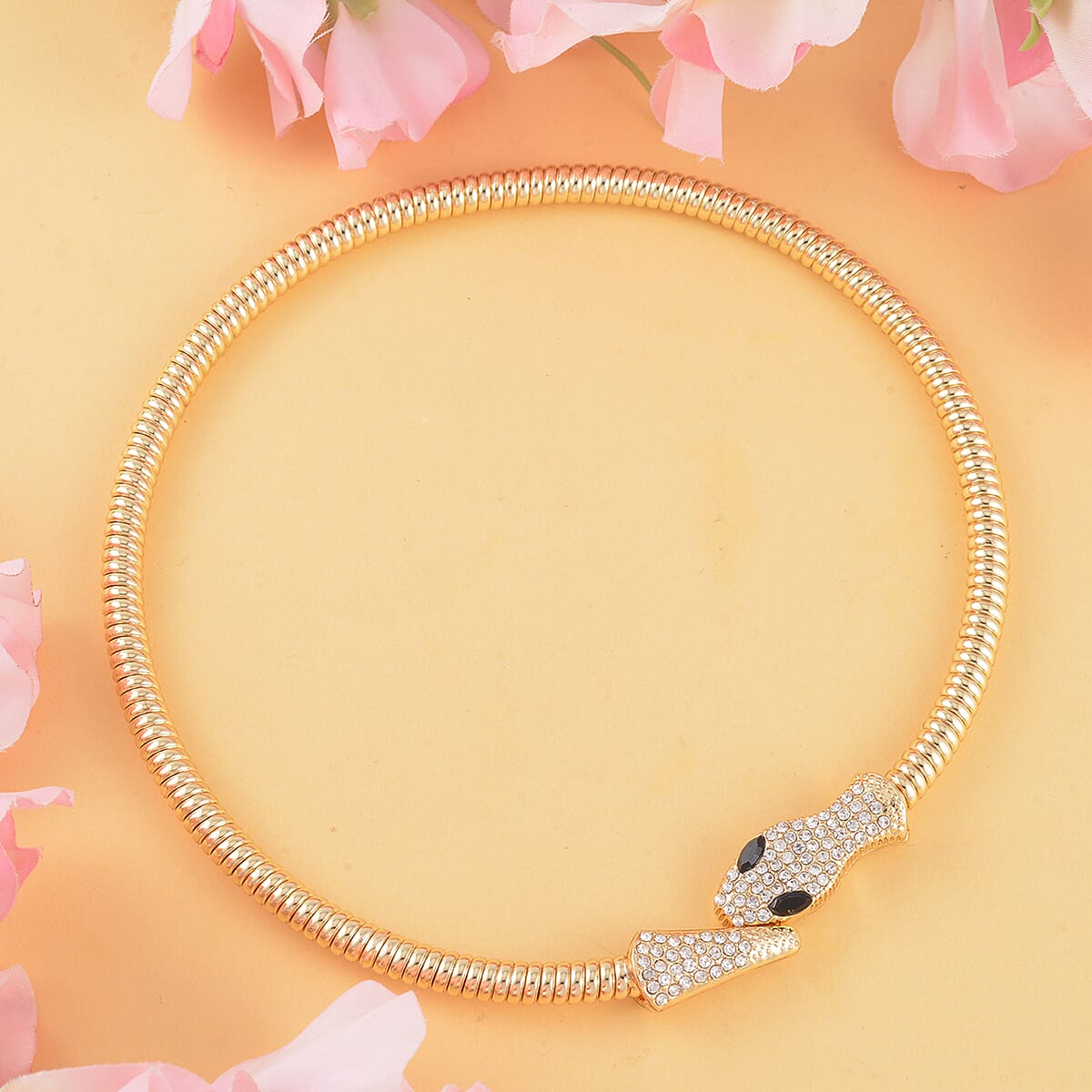 Black Glass and White Austrian Crystal Snake Link Chain Necklace 16 Inches in Goldtone image number 1