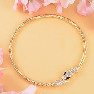 Black Glass and White Austrian Crystal Snake Link Chain Necklace 16 Inches in Goldtone