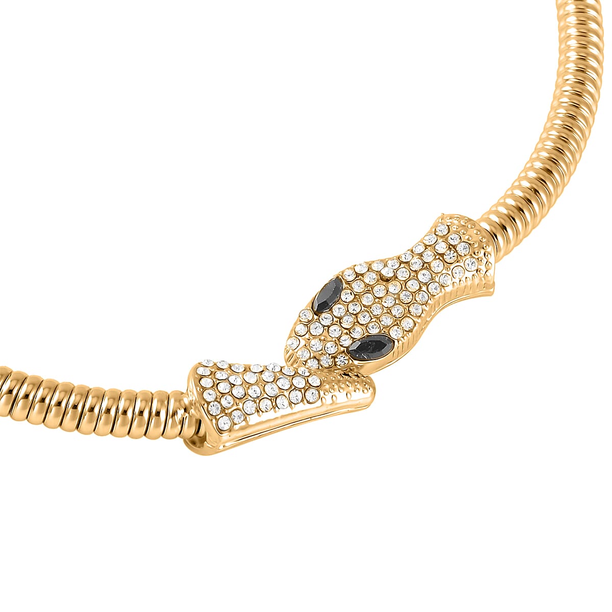Black Glass and White Austrian Crystal Snake Link Chain Necklace 16 Inches in Goldtone image number 3